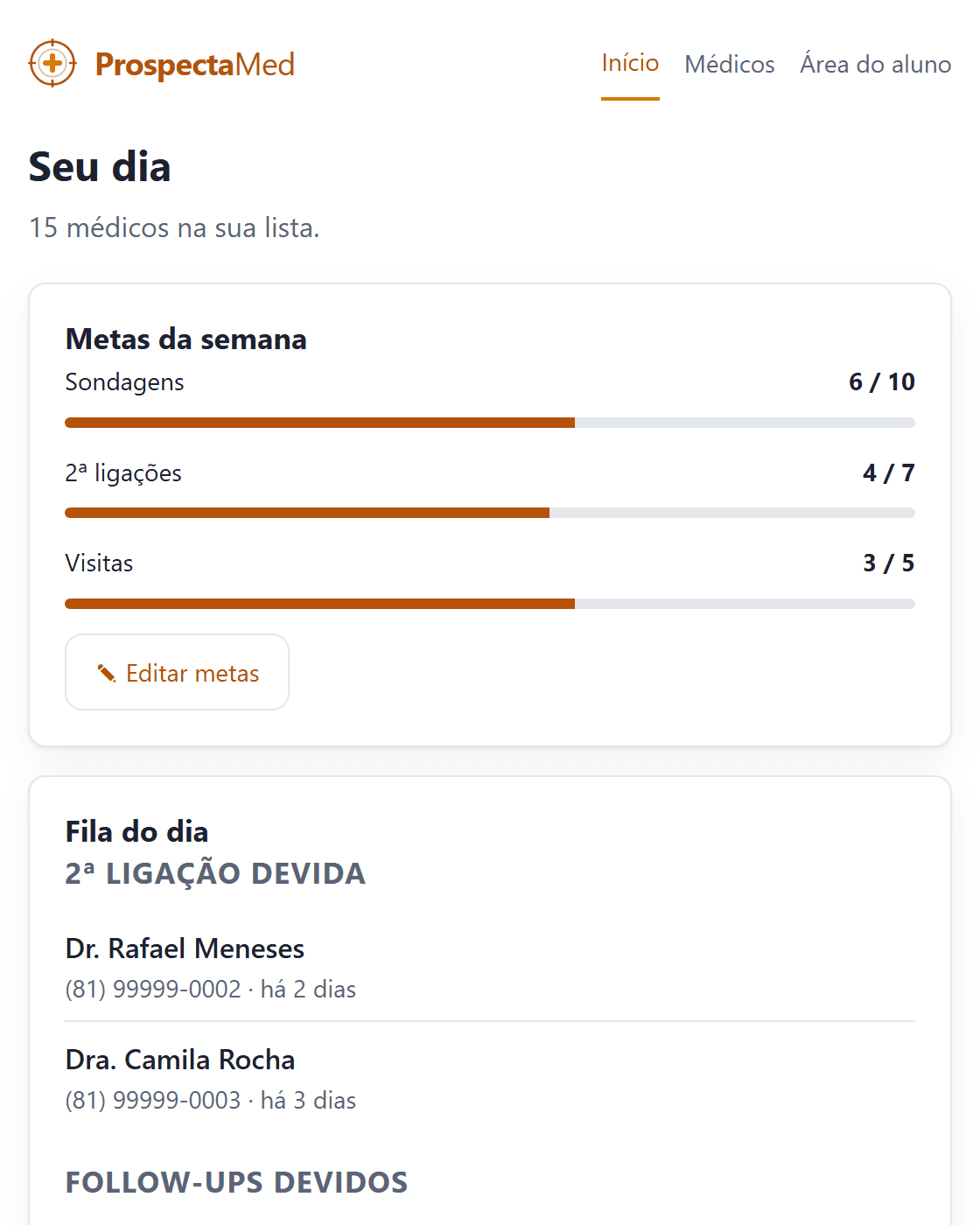 Início do CRM com metas da semana e fila do dia